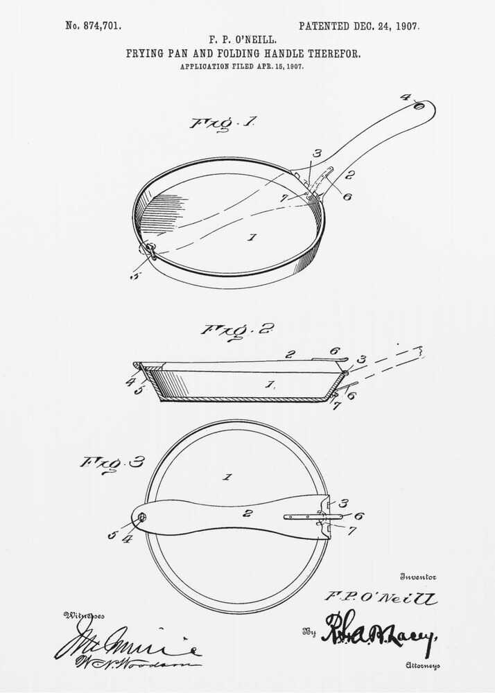 A framed patent illustration from 1907 for a frying pan with a folding handle. The black and white technical drawing shows three views of the invention, complete with labels and signatures. Wall Art