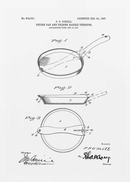 A framed patent illustration from 1907 for a frying pan with a folding handle. The black and white technical drawing shows three views of the invention, complete with labels and signatures. Wall Art