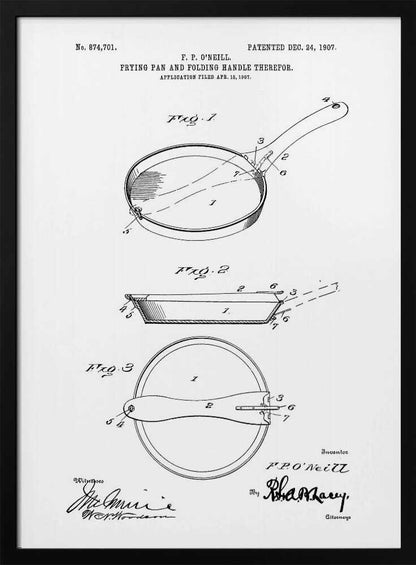 A framed patent illustration from 1907 for a frying pan with a folding handle. The black and white technical drawing shows three views of the invention, complete with labels and signatures. Wall Art