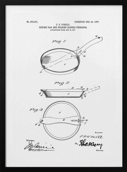 A framed patent illustration from 1907 for a frying pan with a folding handle. The black and white technical drawing shows three views of the invention, complete with labels and signatures. Wall Art