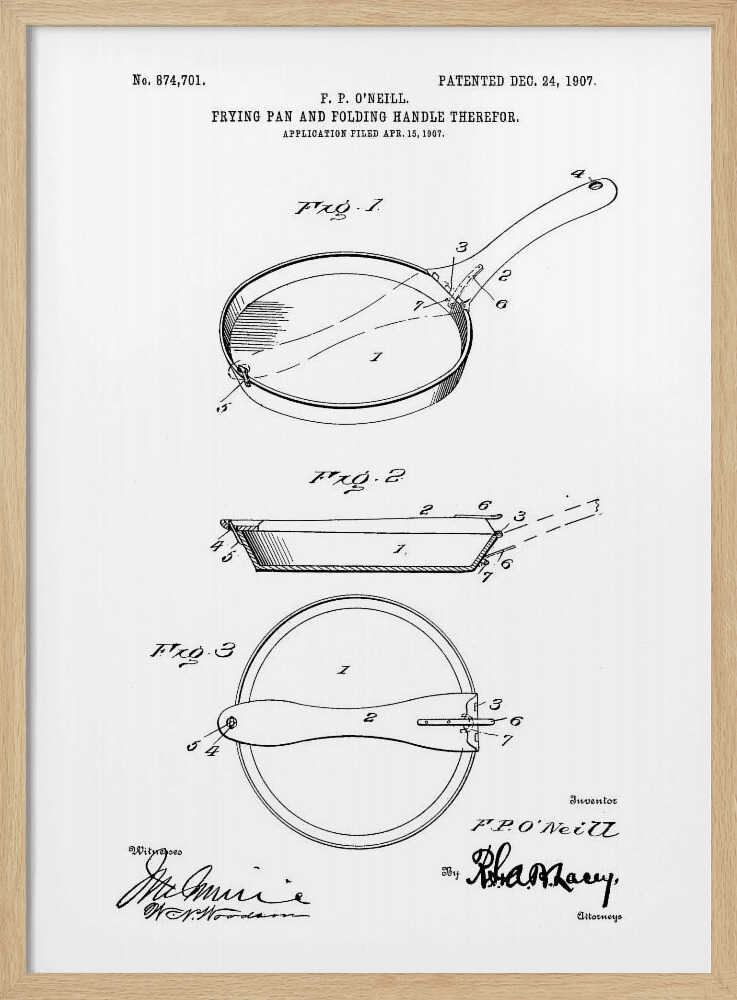 A framed patent illustration from 1907 for a frying pan with a folding handle. The black and white technical drawing shows three views of the invention, complete with labels and signatures. Wall Art
