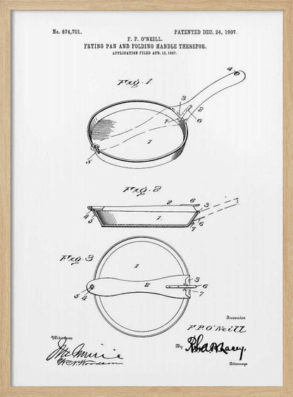 A framed patent illustration from 1907 for a frying pan with a folding handle. The black and white technical drawing shows three views of the invention, complete with labels and signatures. Wall Art