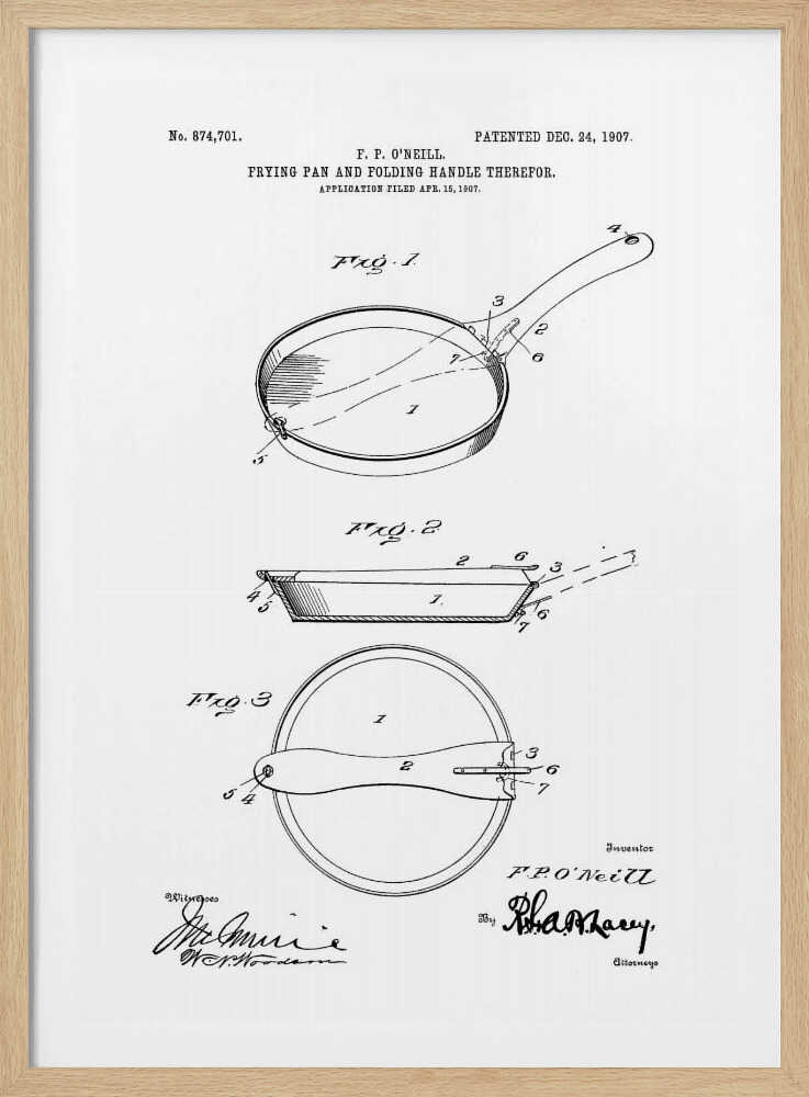 A framed patent illustration from 1907 for a frying pan with a folding handle. The black and white technical drawing shows three views of the invention, complete with labels and signatures. Wall Art