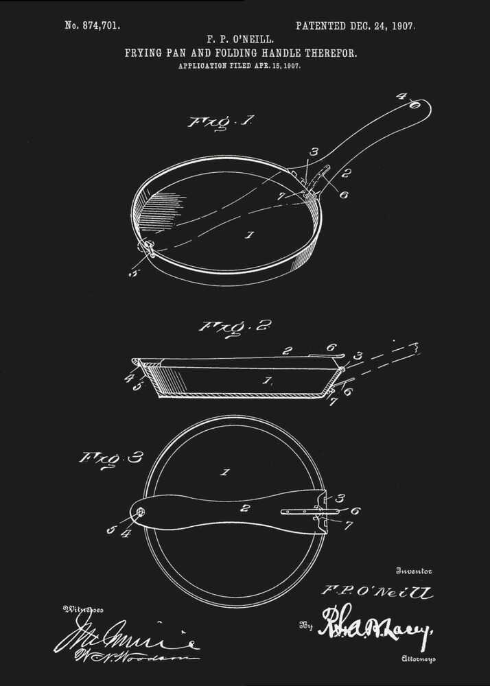 A framed vintage patent illustration from 1907 for a frying pan with a folding handle, presented as a white-on-black blueprint-style drawing. It features three detailed diagrams of the pan from different angles, along with technical text and signatures. Artwork