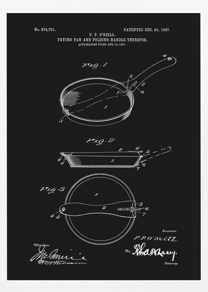 A framed vintage patent illustration from 1907 for a frying pan with a folding handle, presented as a white-on-black blueprint-style drawing. It features three detailed diagrams of the pan from different angles, along with technical text and signatures. Artwork