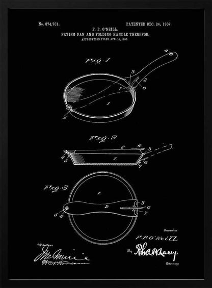 A framed vintage patent illustration from 1907 for a frying pan with a folding handle, presented as a white-on-black blueprint-style drawing. It features three detailed diagrams of the pan from different angles, along with technical text and signatures. Artwork