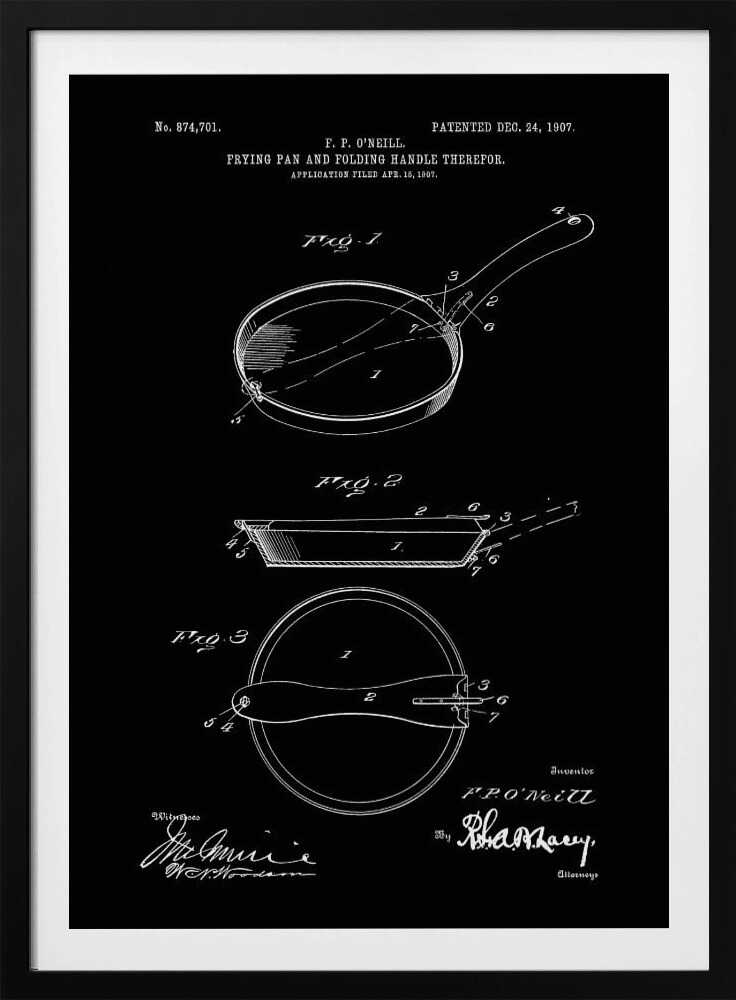 A framed vintage patent illustration from 1907 for a frying pan with a folding handle, presented as a white-on-black blueprint-style drawing. It features three detailed diagrams of the pan from different angles, along with technical text and signatures. Artwork