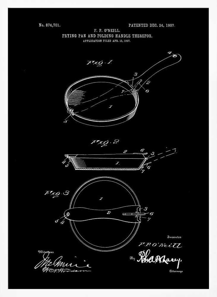 A framed vintage patent illustration from 1907 for a frying pan with a folding handle, presented as a white-on-black blueprint-style drawing. It features three detailed diagrams of the pan from different angles, along with technical text and signatures. Artwork