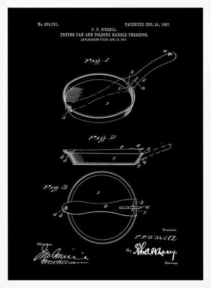A framed vintage patent illustration from 1907 for a frying pan with a folding handle, presented as a white-on-black blueprint-style drawing. It features three detailed diagrams of the pan from different angles, along with technical text and signatures. Artwork