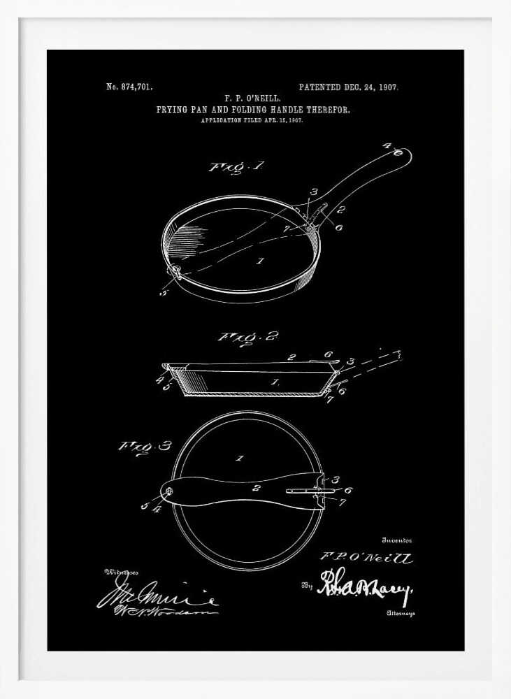 A framed vintage patent illustration from 1907 for a frying pan with a folding handle, presented as a white-on-black blueprint-style drawing. It features three detailed diagrams of the pan from different angles, along with technical text and signatures. Artwork