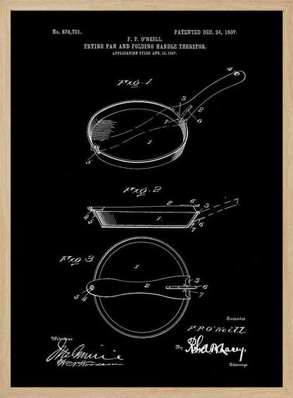 A framed vintage patent illustration from 1907 for a frying pan with a folding handle, presented as a white-on-black blueprint-style drawing. It features three detailed diagrams of the pan from different angles, along with technical text and signatures. Artwork