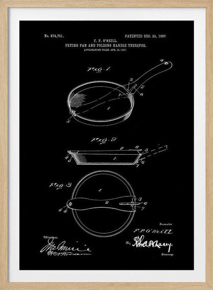 A framed vintage patent illustration from 1907 for a frying pan with a folding handle, presented as a white-on-black blueprint-style drawing. It features three detailed diagrams of the pan from different angles, along with technical text and signatures. Artwork