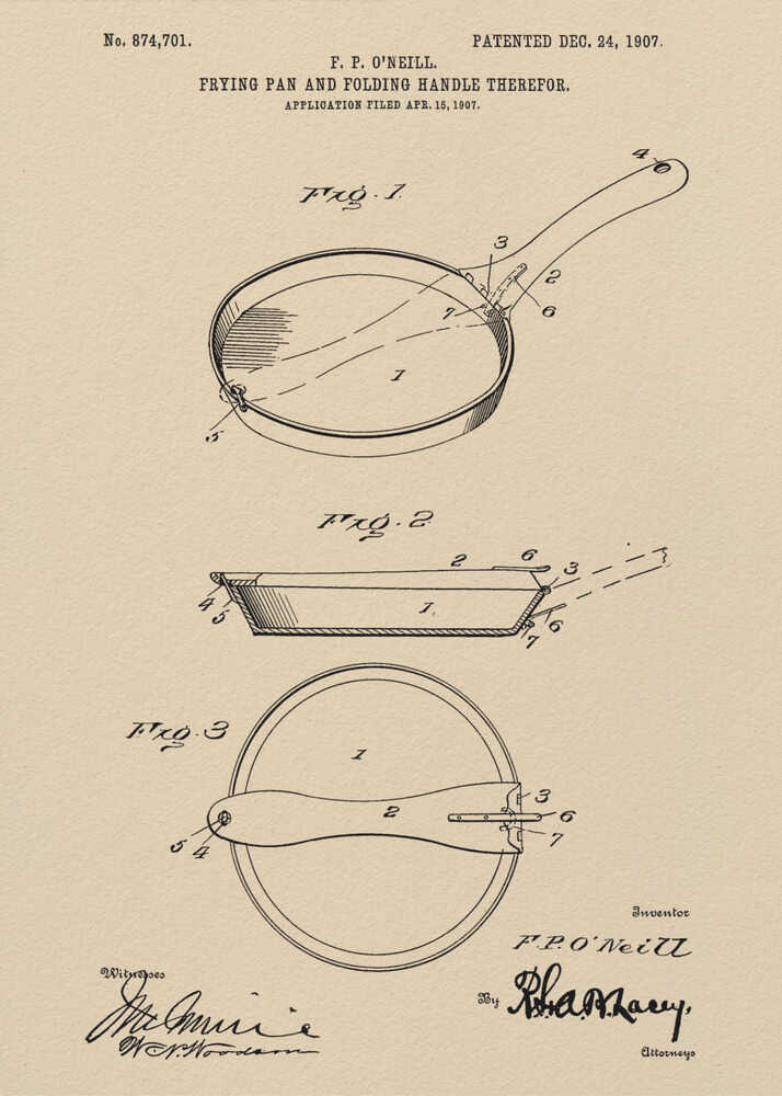 A framed vintage patent print from 1907 for a frying pan with a folding handle, invented by F. P. O'Neill. The illustration, rendered in black ink on a beige background, shows three detailed figures of the pan from different angles, along with technical text and signatures. Wall Art