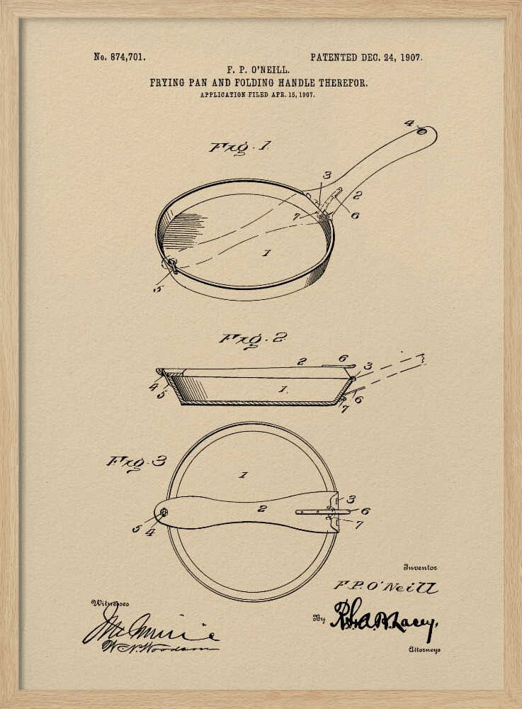 A framed vintage patent print from 1907 for a frying pan with a folding handle, invented by F. P. O'Neill. The illustration, rendered in black ink on a beige background, shows three detailed figures of the pan from different angles, along with technical text and signatures. Wall Art