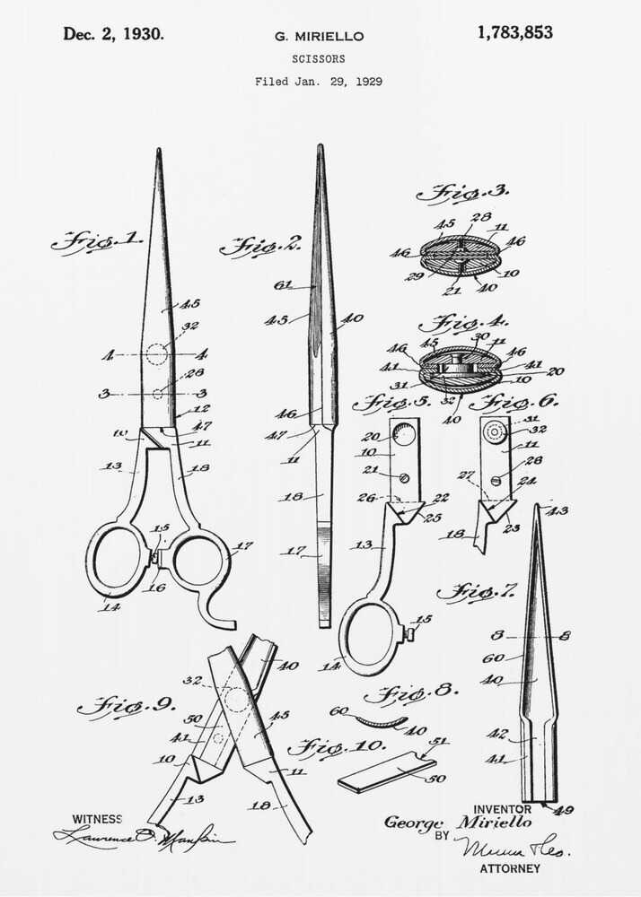 A framed black and white patent illustration for scissors by G. Miriello, dated December 2, 1930. The technical drawing shows multiple figures detailing the design, assembly, and components of the scissors against a white background. Print