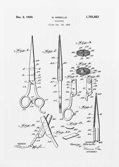 A framed black and white patent illustration for scissors by G. Miriello, dated December 2, 1930. The technical drawing shows multiple figures detailing the design, assembly, and components of the scissors against a white background. Print