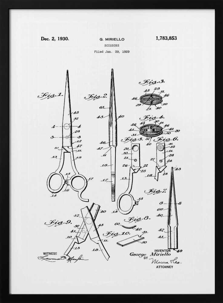 A framed black and white patent illustration for scissors by G. Miriello, dated December 2, 1930. The technical drawing shows multiple figures detailing the design, assembly, and components of the scissors against a white background. Print