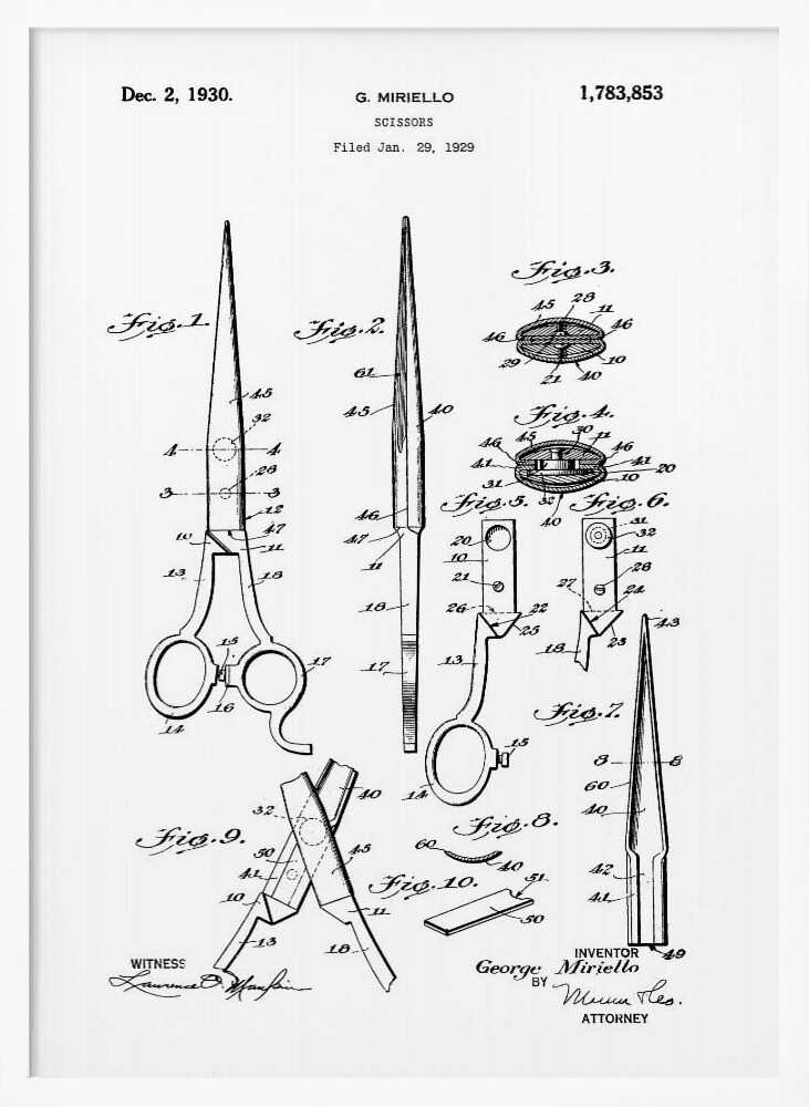 A framed black and white patent illustration for scissors by G. Miriello, dated December 2, 1930. The technical drawing shows multiple figures detailing the design, assembly, and components of the scissors against a white background. Print