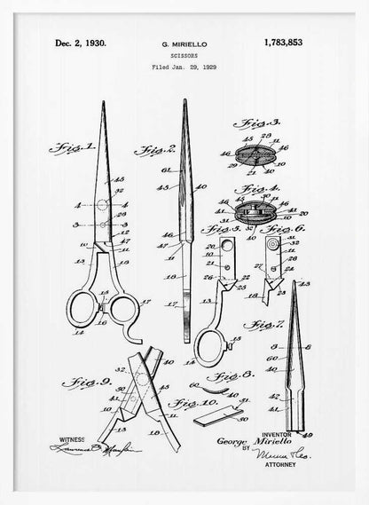 A framed black and white patent illustration for scissors by G. Miriello, dated December 2, 1930. The technical drawing shows multiple figures detailing the design, assembly, and components of the scissors against a white background. Print