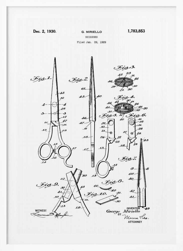 A framed black and white patent illustration for scissors by G. Miriello, dated December 2, 1930. The technical drawing shows multiple figures detailing the design, assembly, and components of the scissors against a white background. Print