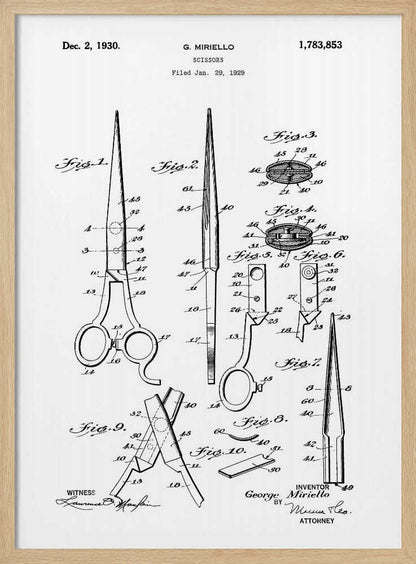 A framed black and white patent illustration for scissors by G. Miriello, dated December 2, 1930. The technical drawing shows multiple figures detailing the design, assembly, and components of the scissors against a white background. Print