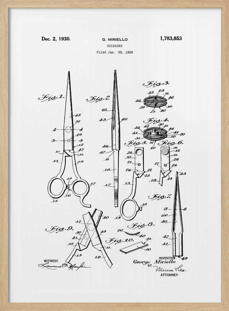 A framed black and white patent illustration for scissors by G. Miriello, dated December 2, 1930. The technical drawing shows multiple figures detailing the design, assembly, and components of the scissors against a white background. Print