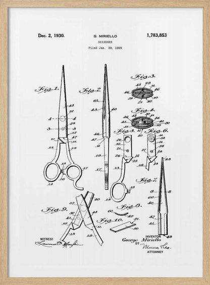 A framed black and white patent illustration for scissors by G. Miriello, dated December 2, 1930. The technical drawing shows multiple figures detailing the design, assembly, and components of the scissors against a white background. Print