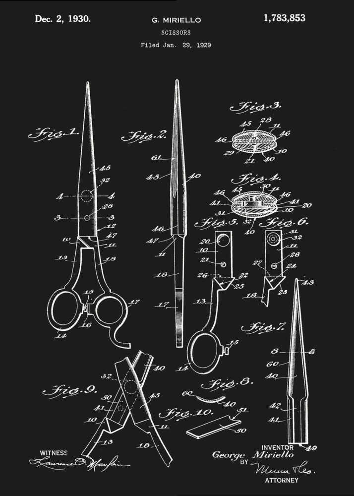 A framed vintage patent illustration for scissors, dated 1930, by inventor G. Miriello. The design is rendered in white lines on a black background, showing multiple detailed figures and schematics of the scissors' construction in a classic blueprint style. Decor