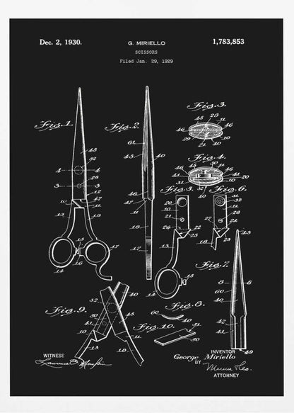 A framed vintage patent illustration for scissors, dated 1930, by inventor G. Miriello. The design is rendered in white lines on a black background, showing multiple detailed figures and schematics of the scissors' construction in a classic blueprint style. Decor