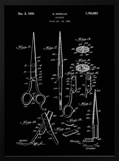 A framed vintage patent illustration for scissors, dated 1930, by inventor G. Miriello. The design is rendered in white lines on a black background, showing multiple detailed figures and schematics of the scissors' construction in a classic blueprint style. Decor