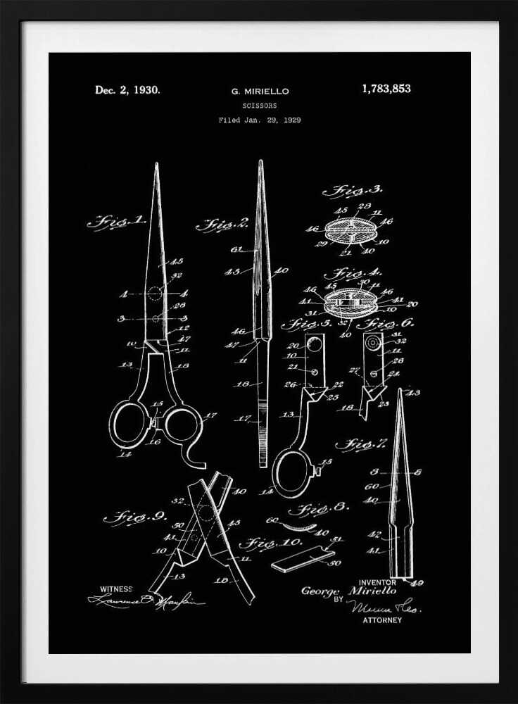 A framed vintage patent illustration for scissors, dated 1930, by inventor G. Miriello. The design is rendered in white lines on a black background, showing multiple detailed figures and schematics of the scissors' construction in a classic blueprint style. Decor
