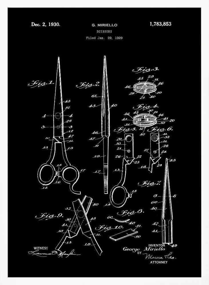 A framed vintage patent illustration for scissors, dated 1930, by inventor G. Miriello. The design is rendered in white lines on a black background, showing multiple detailed figures and schematics of the scissors' construction in a classic blueprint style. Decor