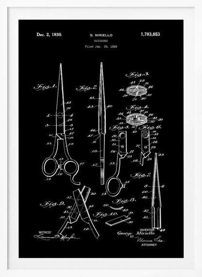 A framed vintage patent illustration for scissors, dated 1930, by inventor G. Miriello. The design is rendered in white lines on a black background, showing multiple detailed figures and schematics of the scissors' construction in a classic blueprint style. Decor