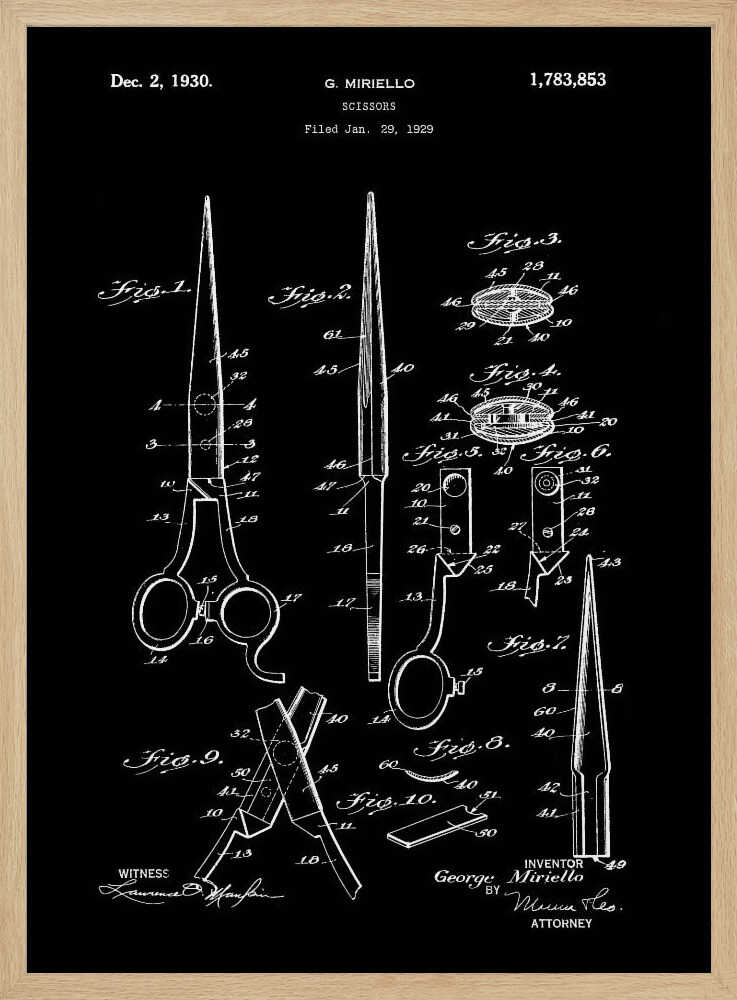 A framed vintage patent illustration for scissors, dated 1930, by inventor G. Miriello. The design is rendered in white lines on a black background, showing multiple detailed figures and schematics of the scissors' construction in a classic blueprint style. Decor