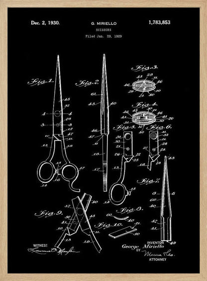 A framed vintage patent illustration for scissors, dated 1930, by inventor G. Miriello. The design is rendered in white lines on a black background, showing multiple detailed figures and schematics of the scissors' construction in a classic blueprint style. Decor