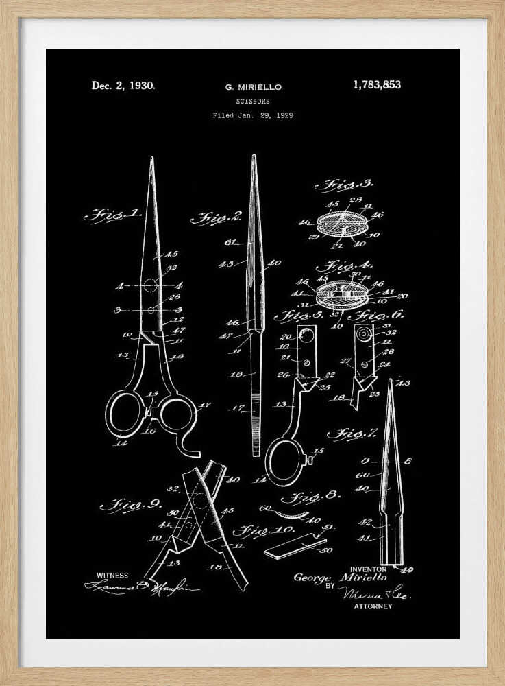 A framed vintage patent illustration for scissors, dated 1930, by inventor G. Miriello. The design is rendered in white lines on a black background, showing multiple detailed figures and schematics of the scissors' construction in a classic blueprint style. Decor
