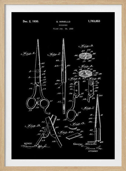 A framed vintage patent illustration for scissors, dated 1930, by inventor G. Miriello. The design is rendered in white lines on a black background, showing multiple detailed figures and schematics of the scissors' construction in a classic blueprint style. Decor
