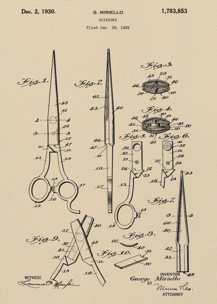A framed vintage patent illustration for scissors, filed in 1929 by G. Miriello. The artwork features detailed technical drawings in black ink on a tan, aged-paper background, showing various views and components of the scissors. Wall Art