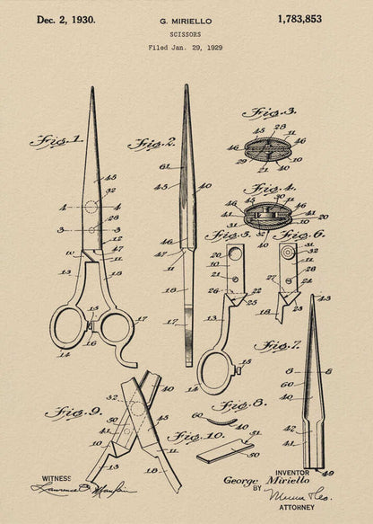 A framed vintage patent illustration for scissors, filed in 1929 by G. Miriello. The artwork features detailed technical drawings in black ink on a tan, aged-paper background, showing various views and components of the scissors. Wall Art