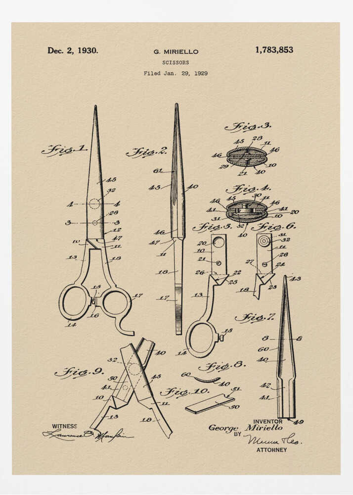 A framed vintage patent illustration for scissors, filed in 1929 by G. Miriello. The artwork features detailed technical drawings in black ink on a tan, aged-paper background, showing various views and components of the scissors. Wall Art