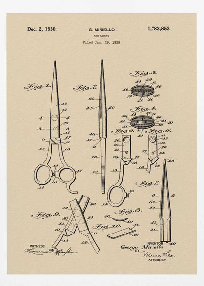 A framed vintage patent illustration for scissors, filed in 1929 by G. Miriello. The artwork features detailed technical drawings in black ink on a tan, aged-paper background, showing various views and components of the scissors. Wall Art