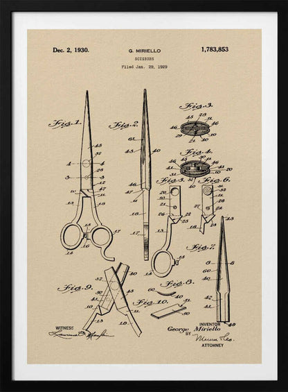 A framed vintage patent illustration for scissors, filed in 1929 by G. Miriello. The artwork features detailed technical drawings in black ink on a tan, aged-paper background, showing various views and components of the scissors. Wall Art
