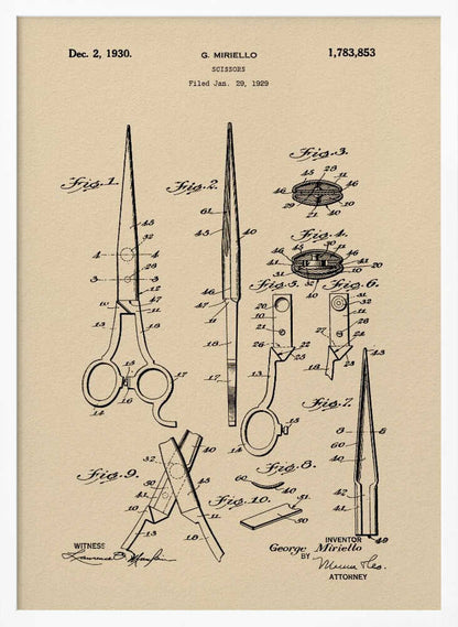 A framed vintage patent illustration for scissors, filed in 1929 by G. Miriello. The artwork features detailed technical drawings in black ink on a tan, aged-paper background, showing various views and components of the scissors. Wall Art