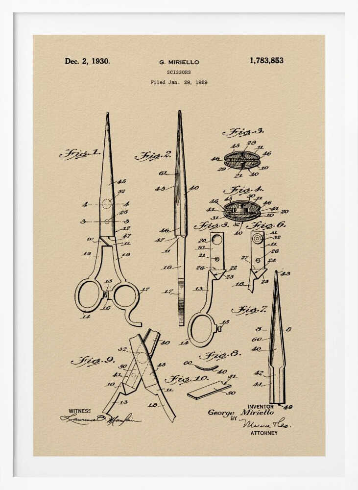 A framed vintage patent illustration for scissors, filed in 1929 by G. Miriello. The artwork features detailed technical drawings in black ink on a tan, aged-paper background, showing various views and components of the scissors. Wall Art