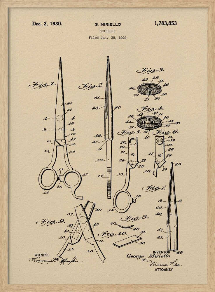 A framed vintage patent illustration for scissors, filed in 1929 by G. Miriello. The artwork features detailed technical drawings in black ink on a tan, aged-paper background, showing various views and components of the scissors. Wall Art
