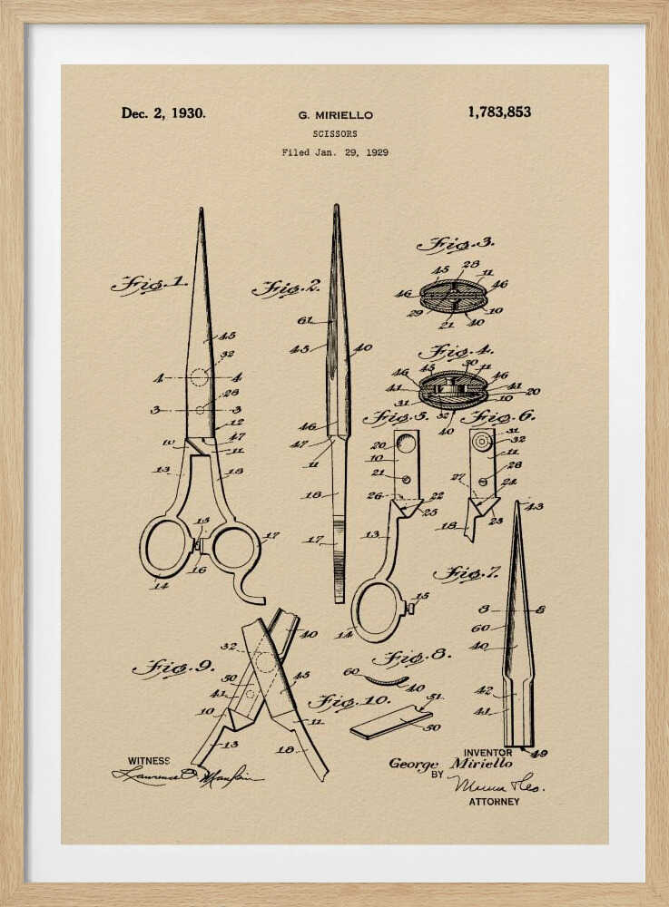 A framed vintage patent illustration for scissors, filed in 1929 by G. Miriello. The artwork features detailed technical drawings in black ink on a tan, aged-paper background, showing various views and components of the scissors. Wall Art