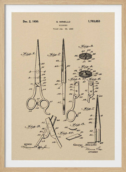 A framed vintage patent illustration for scissors, filed in 1929 by G. Miriello. The artwork features detailed technical drawings in black ink on a tan, aged-paper background, showing various views and components of the scissors. Wall Art