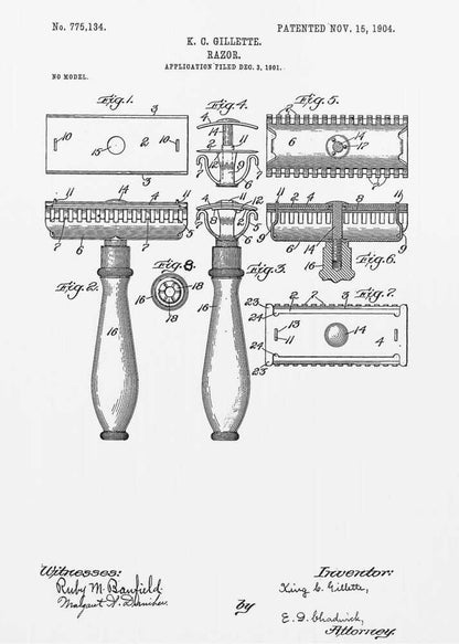 A framed black and white patent illustration for K. C. Gillette's razor, patented November 15, 1904. The drawing displays various figures and diagrams detailing the components of the safety razor, including the handle, head, and blade, with technical labels and signatures. Wall Art