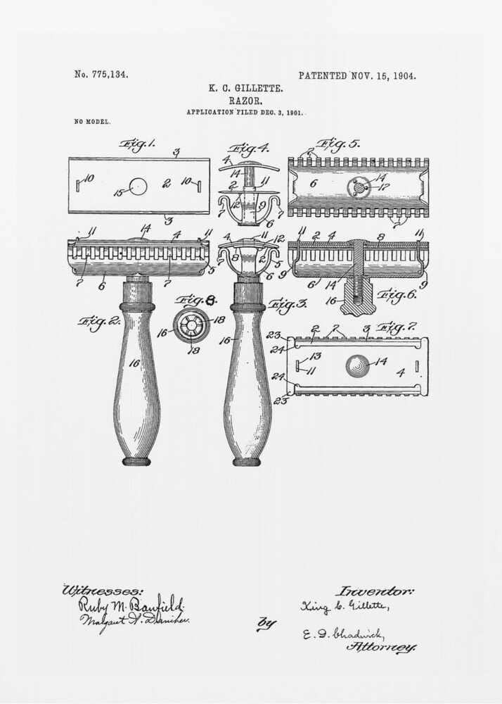 A framed black and white patent illustration for K. C. Gillette's razor, patented November 15, 1904. The drawing displays various figures and diagrams detailing the components of the safety razor, including the handle, head, and blade, with technical labels and signatures. Wall Art