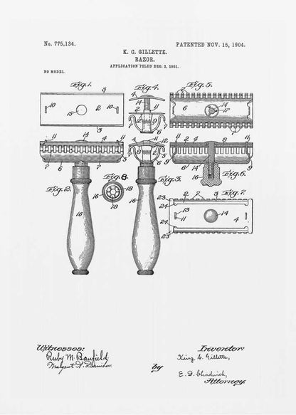 A framed black and white patent illustration for K. C. Gillette's razor, patented November 15, 1904. The drawing displays various figures and diagrams detailing the components of the safety razor, including the handle, head, and blade, with technical labels and signatures. Wall Art